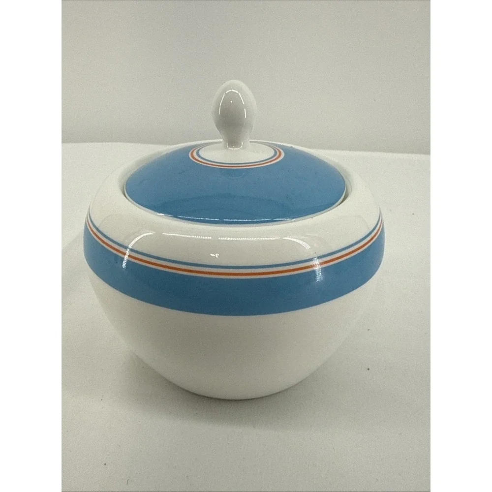 LENOX Kate Spade Cays Stripe Blue Sugar Bowl with Lid 2006 Retro
